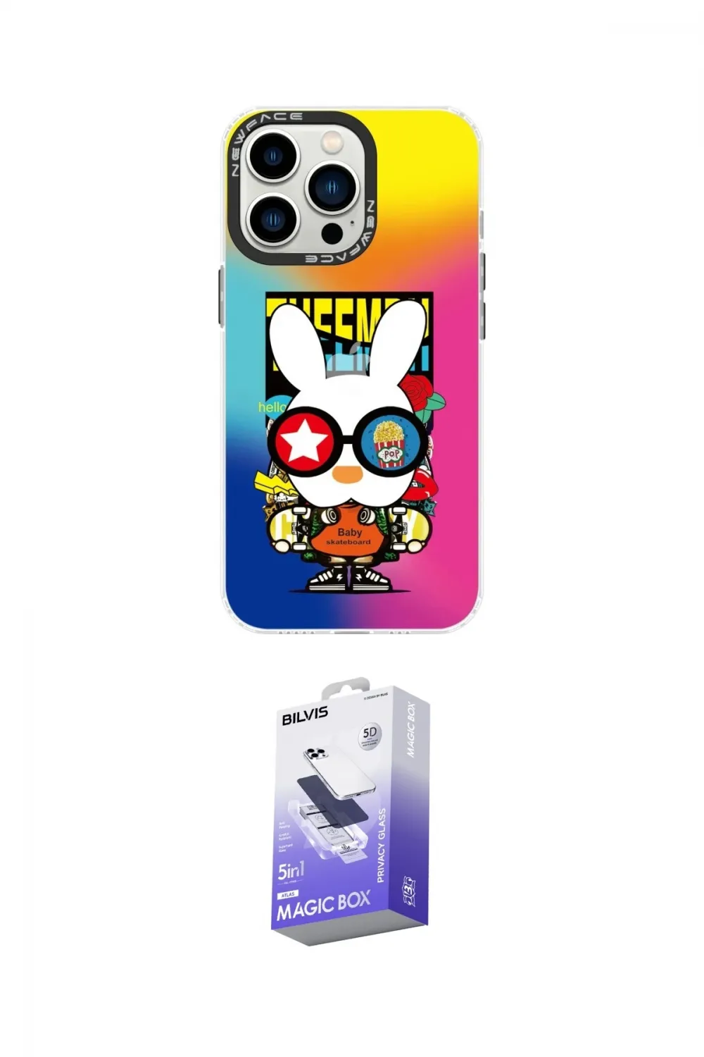 ieg™ iPhone 14 Pro Max Kılıf Siluet Çizgi Koleksiyonu - Siyah Bilvis 5in1 5D Magic Hayalet Cam Ekran Koruyucu