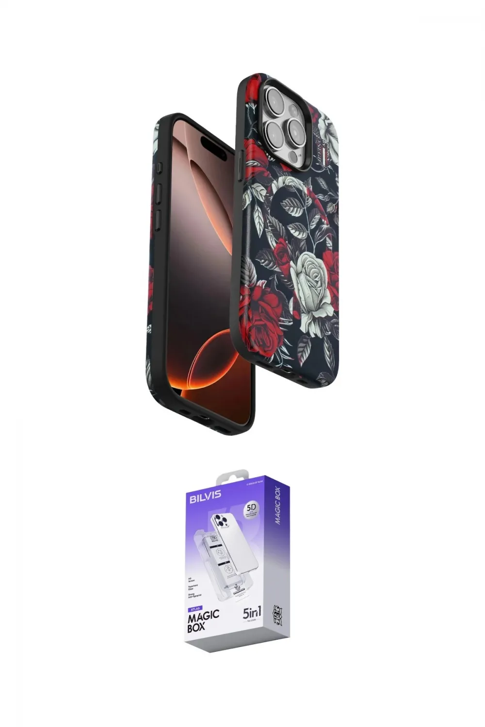 ieg™ iPhone 14 Pro Max Kılıf Siluet Doku - Siyah Bilvis 5in1 3D Magic Cam Ekran Koruyucu