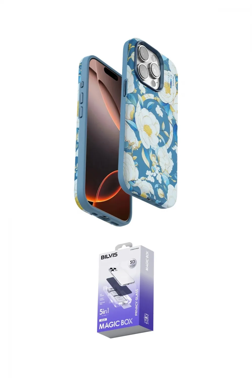 ieg™ iPhone 14 Pro Max Kılıf Siluet Doku - Siyah Bilvis 5in1 5D Magic Hayalet Cam Ekran Koruyucu