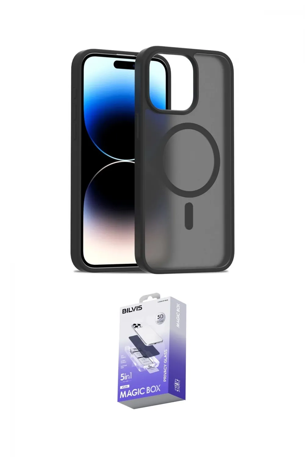 ieg™ iPhone 14 Pro Max Kılıf Siluet Minimal Prime - Siyah Bilvis 5in1 5D Magic Hayalet Cam Ekran Koruyucu