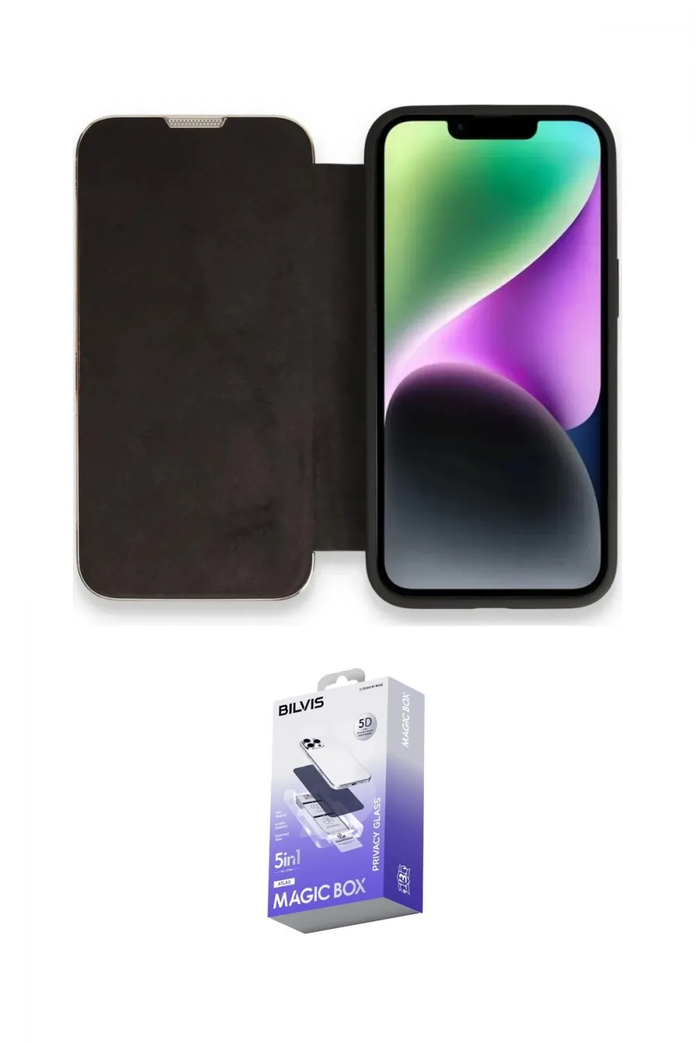 ieg™ iPhone 14 Pro Max Kılıf Siluet Minimal Serisi - Siyah Bilvis 5in1 5D Magic Hayalet Cam Ekran Koruyucu