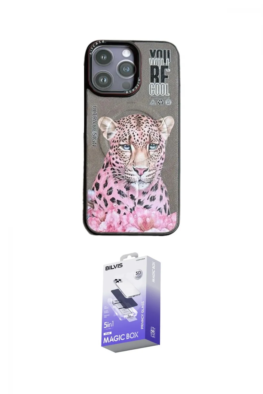 ieg™ iPhone 14 Pro Max Kılıf Siluet Modern Özel Seri - Siyah Bilvis 5in1 5D Magic Hayalet Cam Ekran Koruyucu