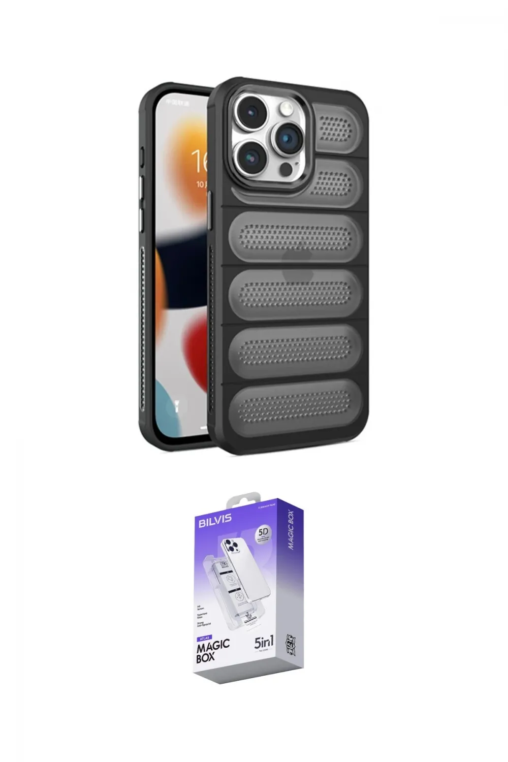 ieg™ iPhone 14 Pro Max Kılıf Yadigar Doku Özel Seri - Siyah Bilvis 5in1 3D Magic Cam Ekran Koruyucu