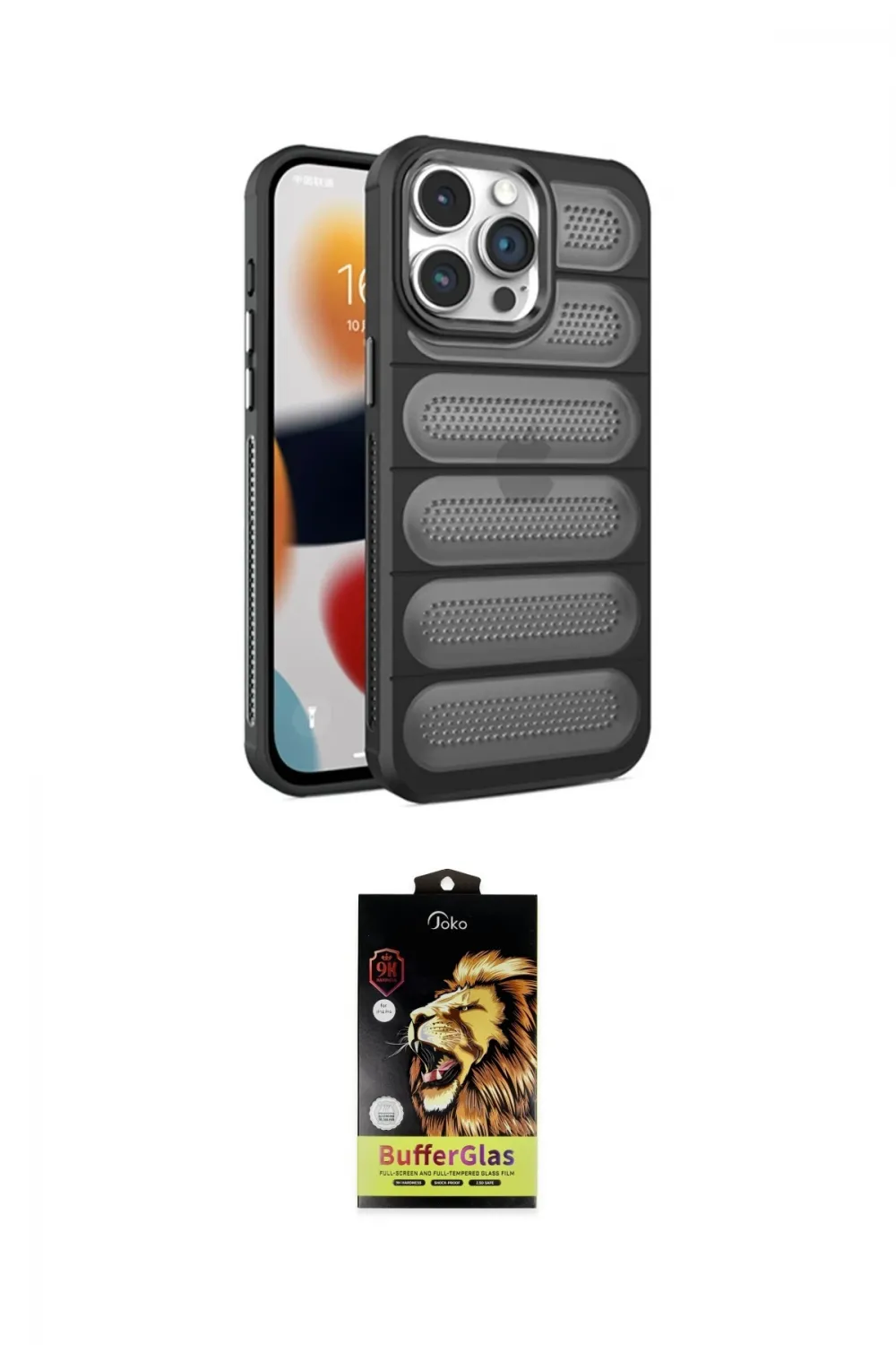 ieg™ iPhone 14 Pro Max Kılıf Yadigar Doku Özel Seri - Siyah Buffer Cam Ekran Koruyucu