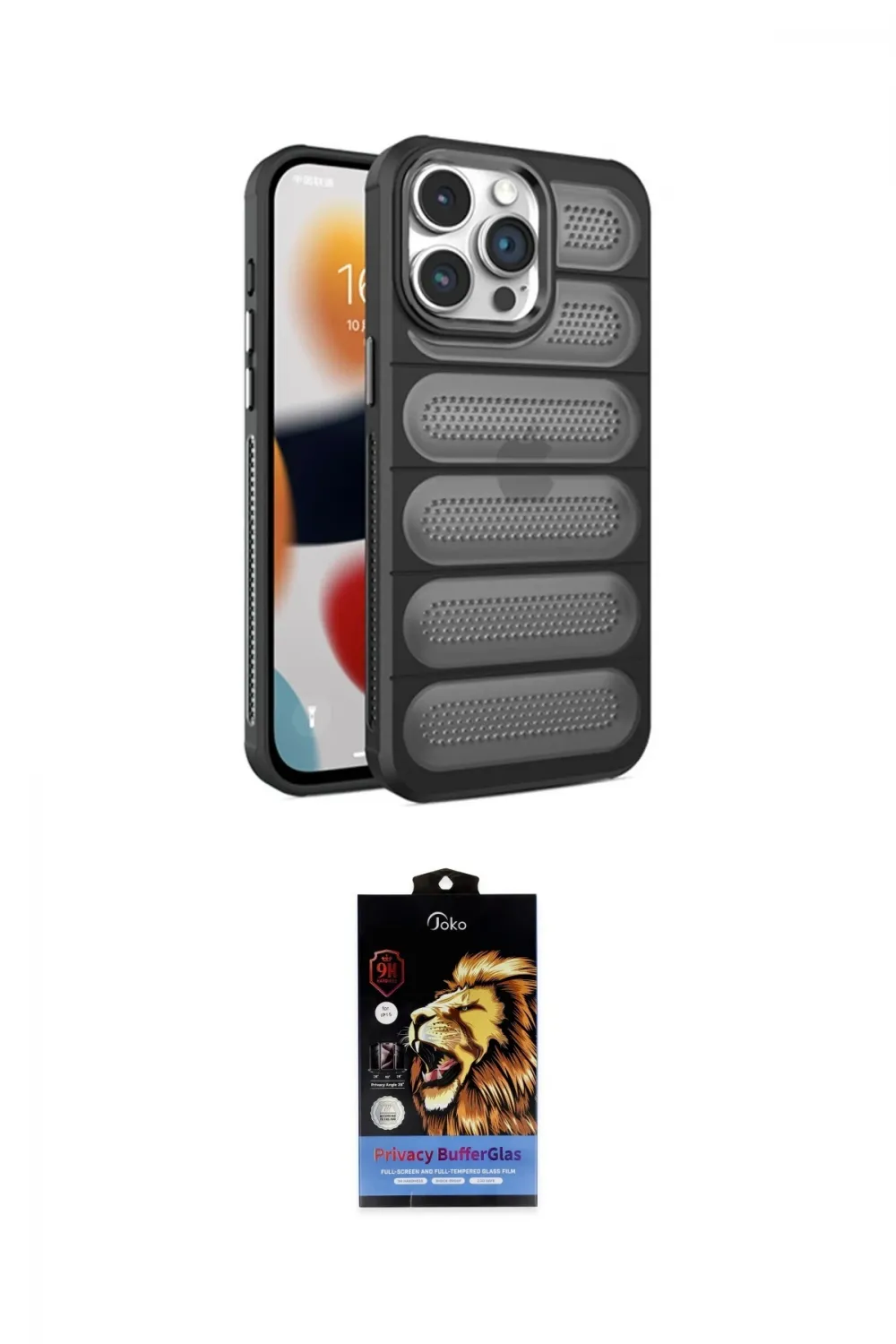 ieg™ iPhone 14 Pro Max Kılıf Yadigar Doku Özel Seri - Siyah Buffer Hayalet Cam Ekran Koruyucu