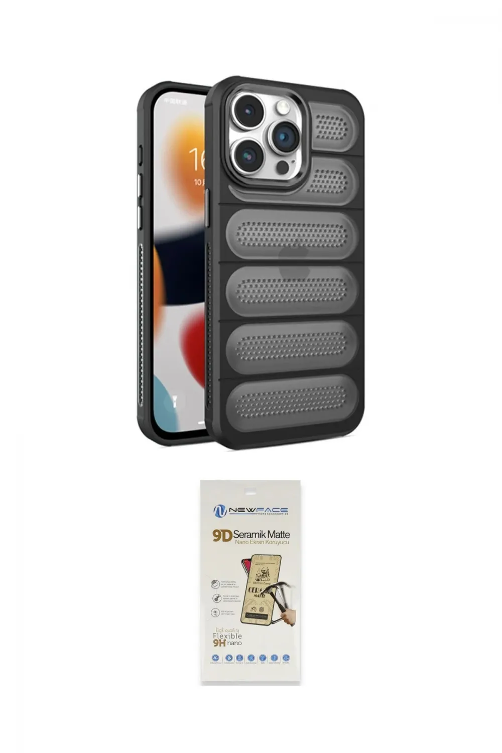 ieg™ iPhone 14 Pro Max Kılıf Yadigar Doku Özel Seri - Siyah Mat Seramik Nano Ekran Koruyucu