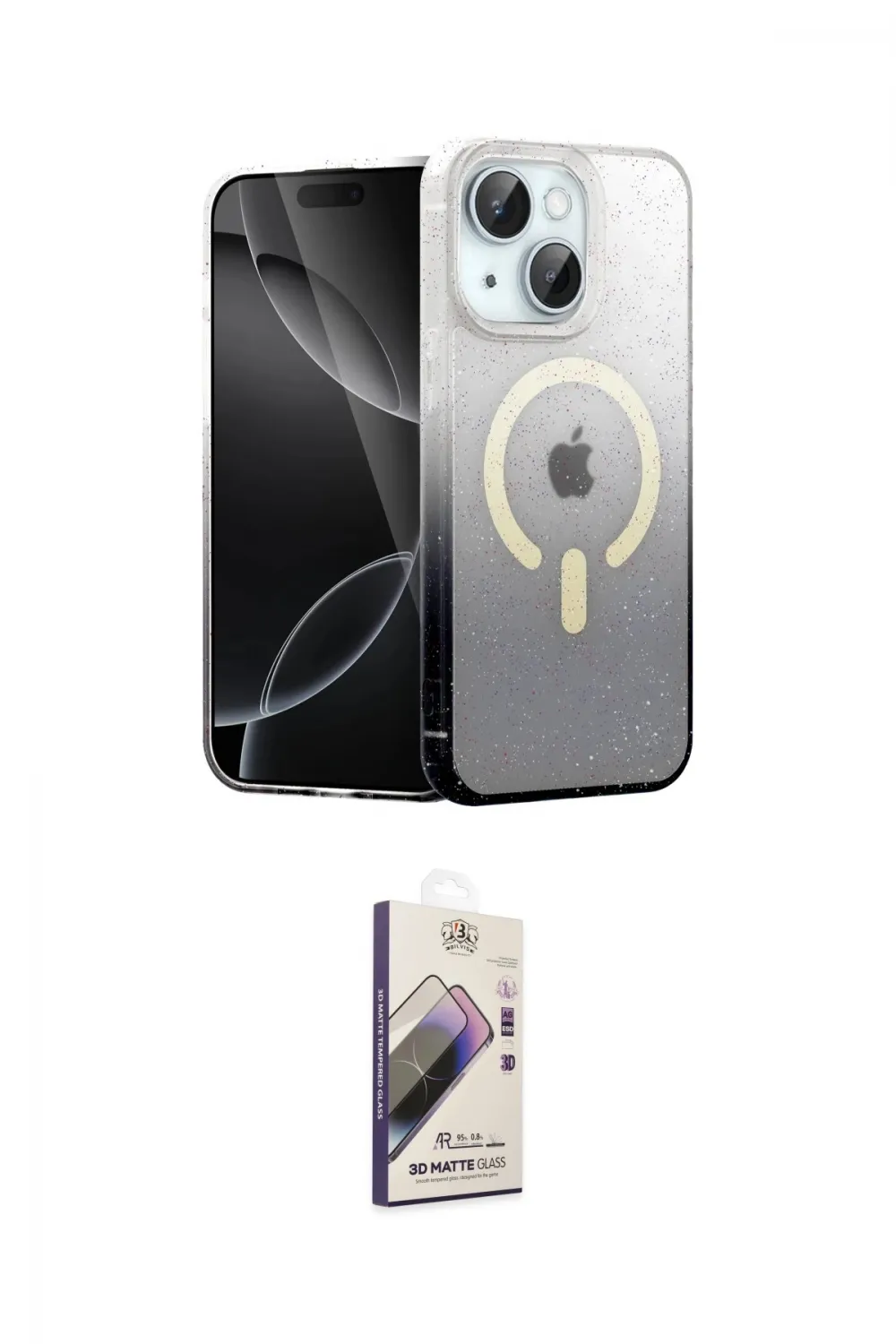 ieg™ iPhone 15 Kılıf Eksen Minimal Özel Seri - Siyah Bilvis 3D Mat Cam Ekran Koruyucu