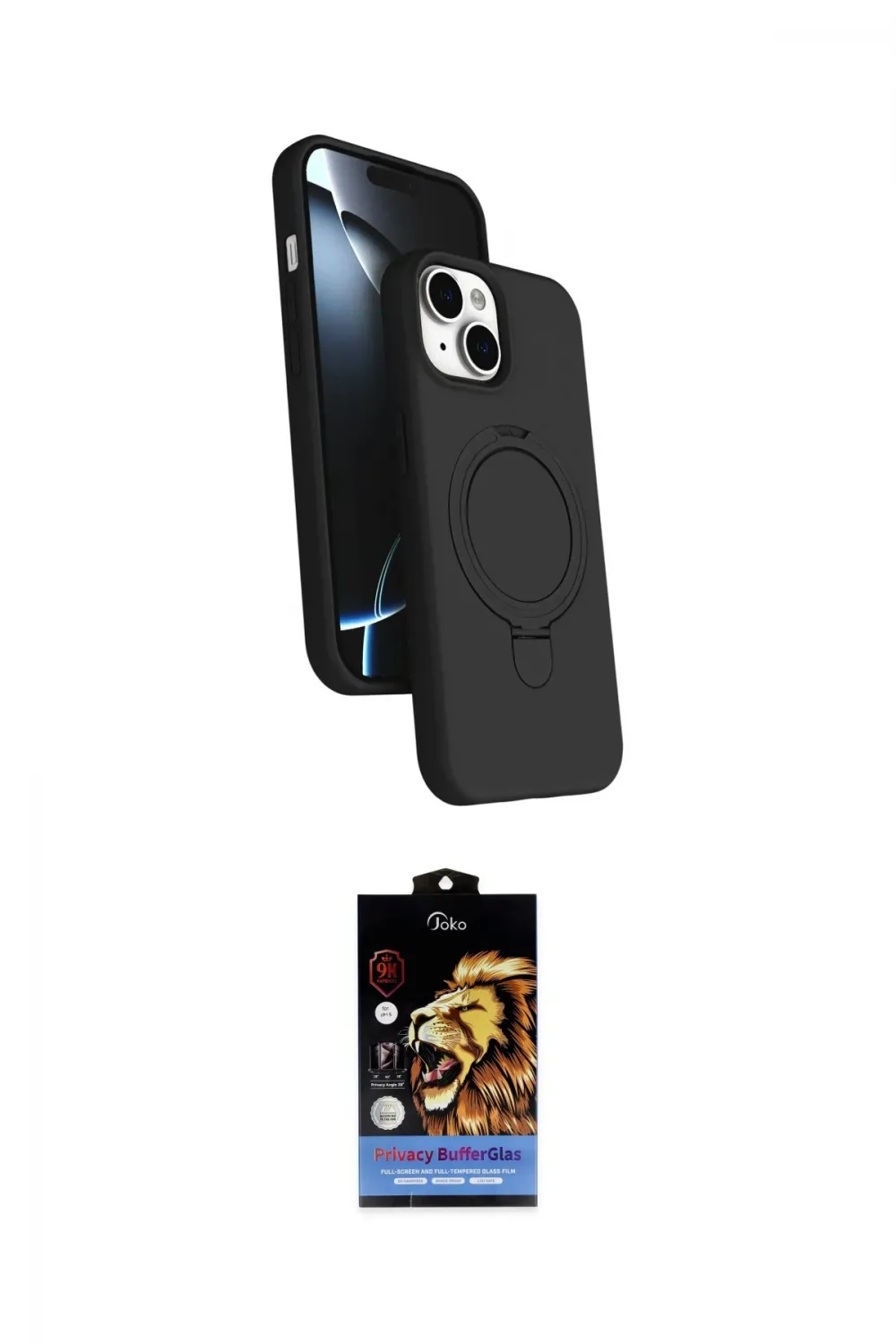 ieg™ iPhone 15 Kılıf İz Işık Koleksiyonu - Siyah Buffer Hayalet Cam Ekran Koruyucu
