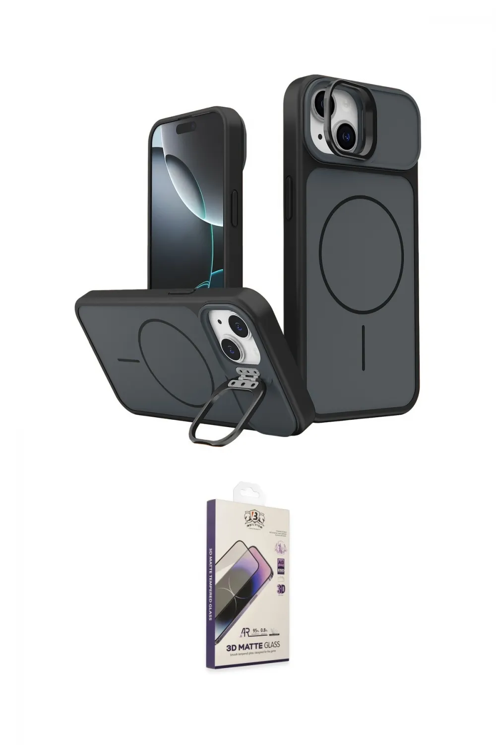ieg™ iPhone 15 Kılıf İz Modern Prime - Siyah Bilvis 3D Mat Cam Ekran Koruyucu