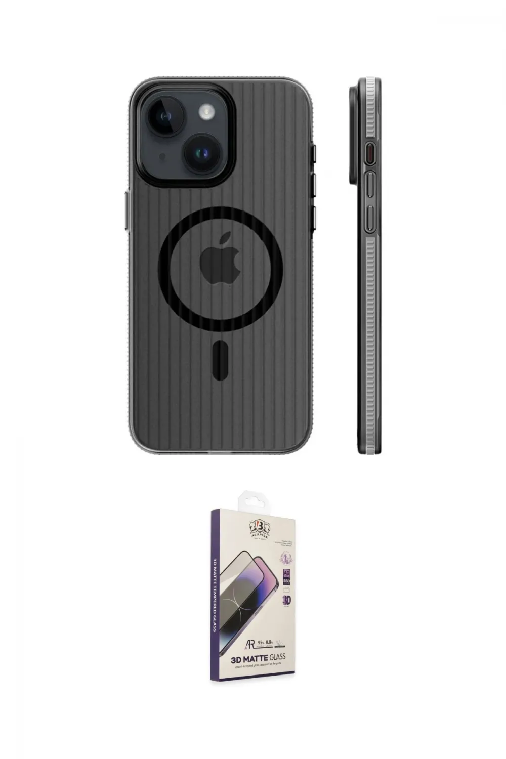 ieg™ iPhone 15 Kılıf Pusula Minimal Koleksiyonu - Siyah Bilvis 3D Mat Cam Ekran Koruyucu