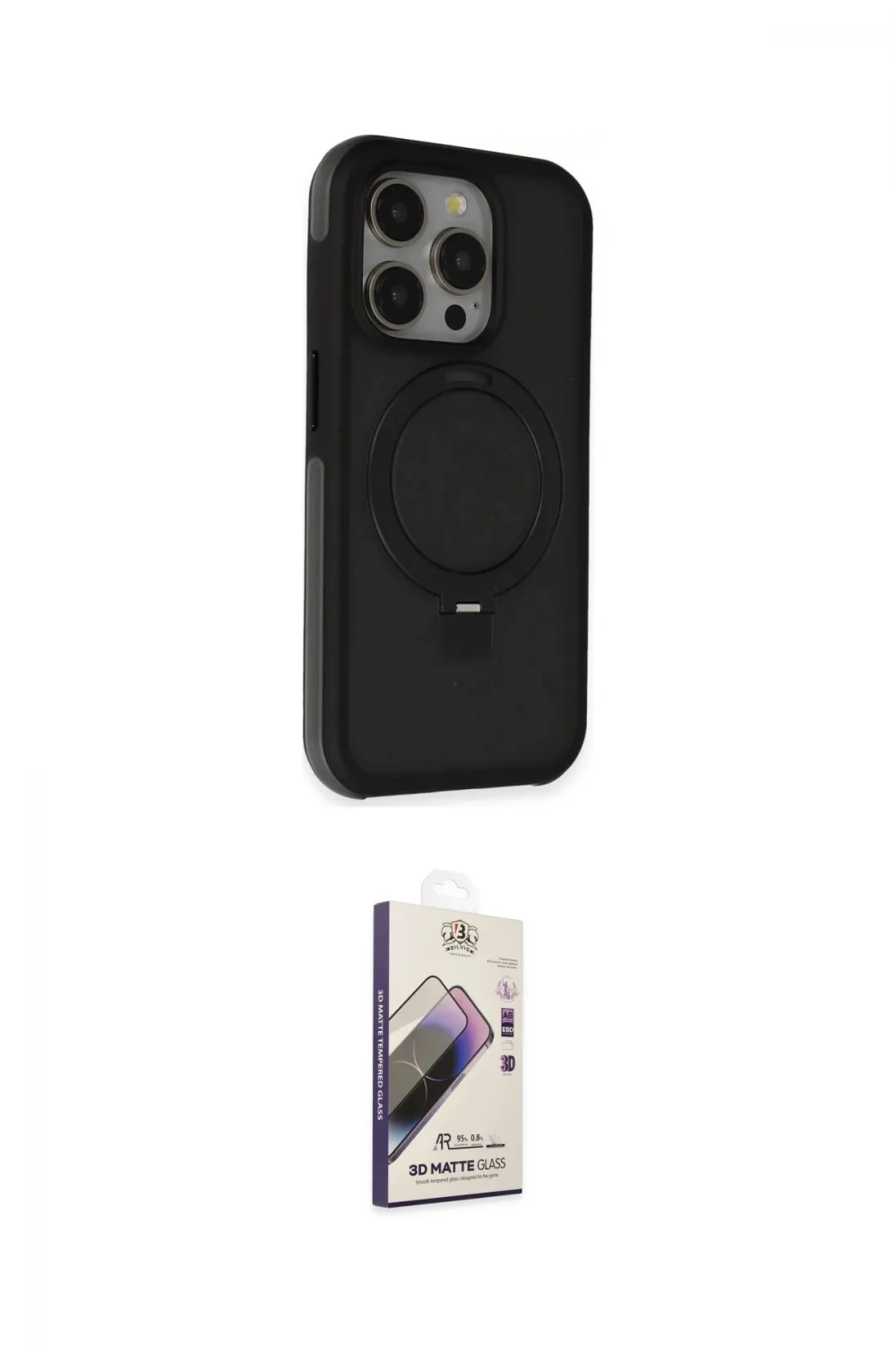 ieg™ iPhone 15 Pro Kılıf Ahenk Yansıma Özel Seri - Siyah Bilvis 3D Mat Cam Ekran Koruyucu