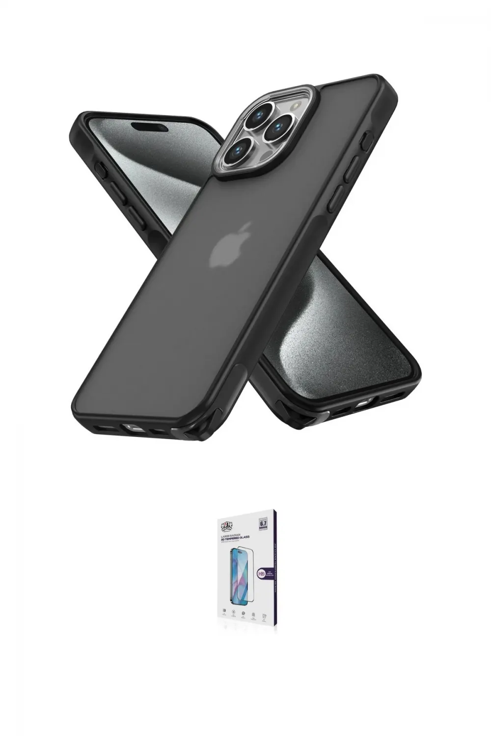 ieg™ iPhone 15 Pro Kılıf Atlas Form - Siyah Bilvis 0.18mm Plus Cam Ekran Koruyucu