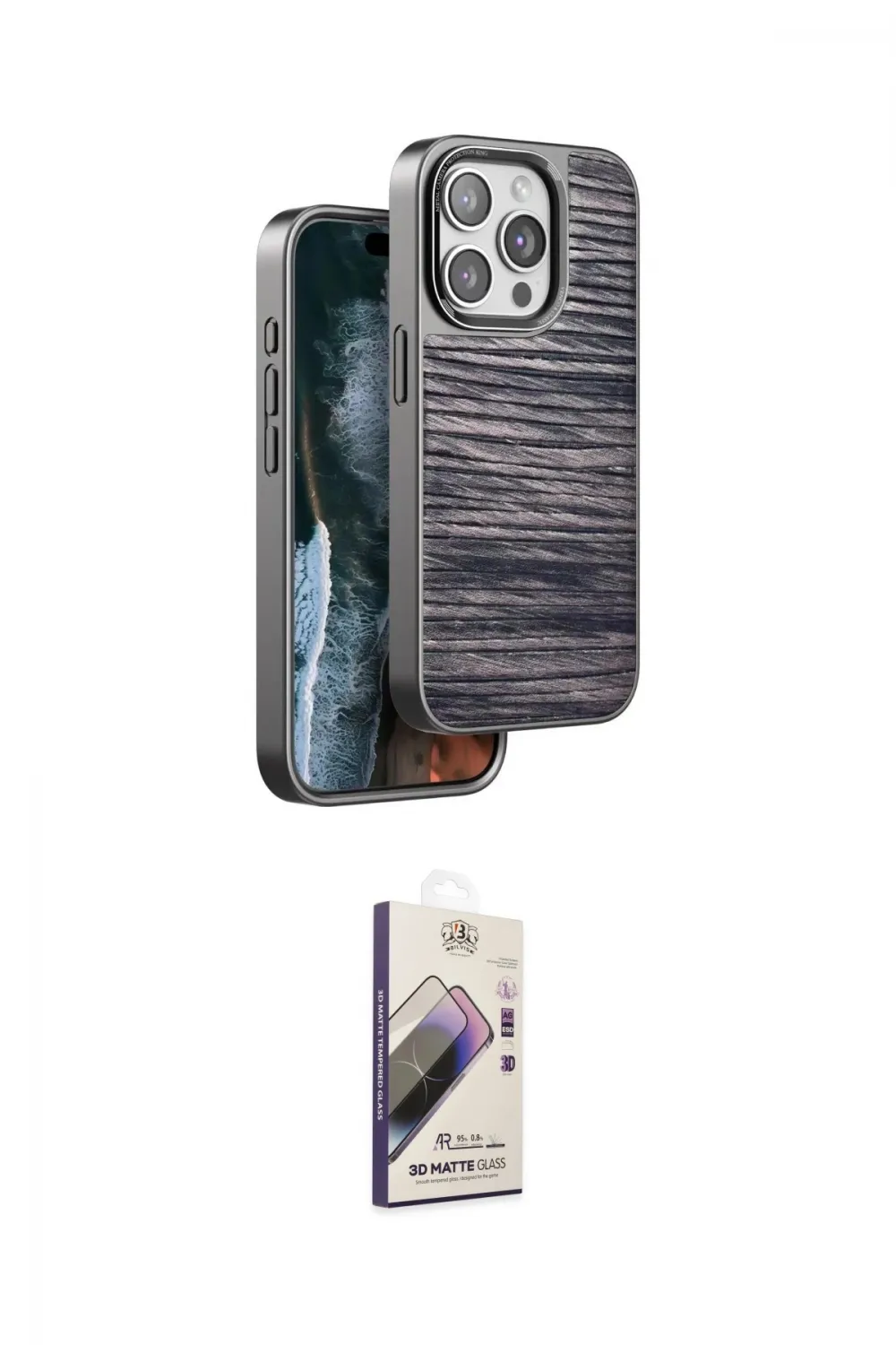 ieg™ iPhone 15 Pro Kılıf Atlas Minimal Özel Seri - Siyah Bilvis 3D Mat Cam Ekran Koruyucu