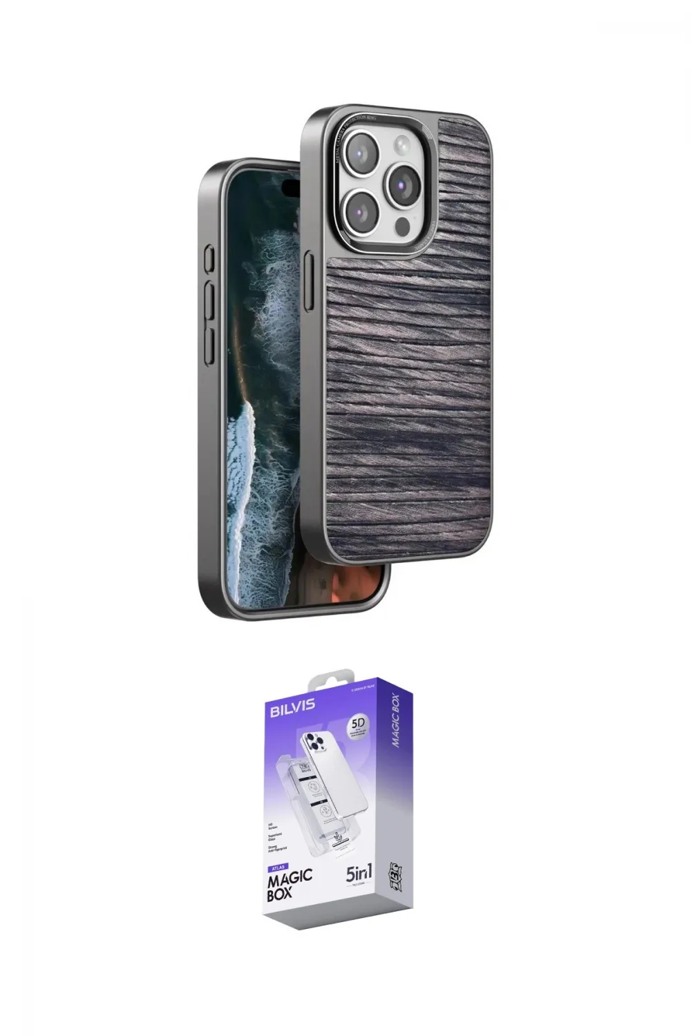ieg™ iPhone 15 Pro Kılıf Atlas Minimal Özel Seri - Siyah Bilvis 5in1 3D Magic Cam Ekran Koruyucu