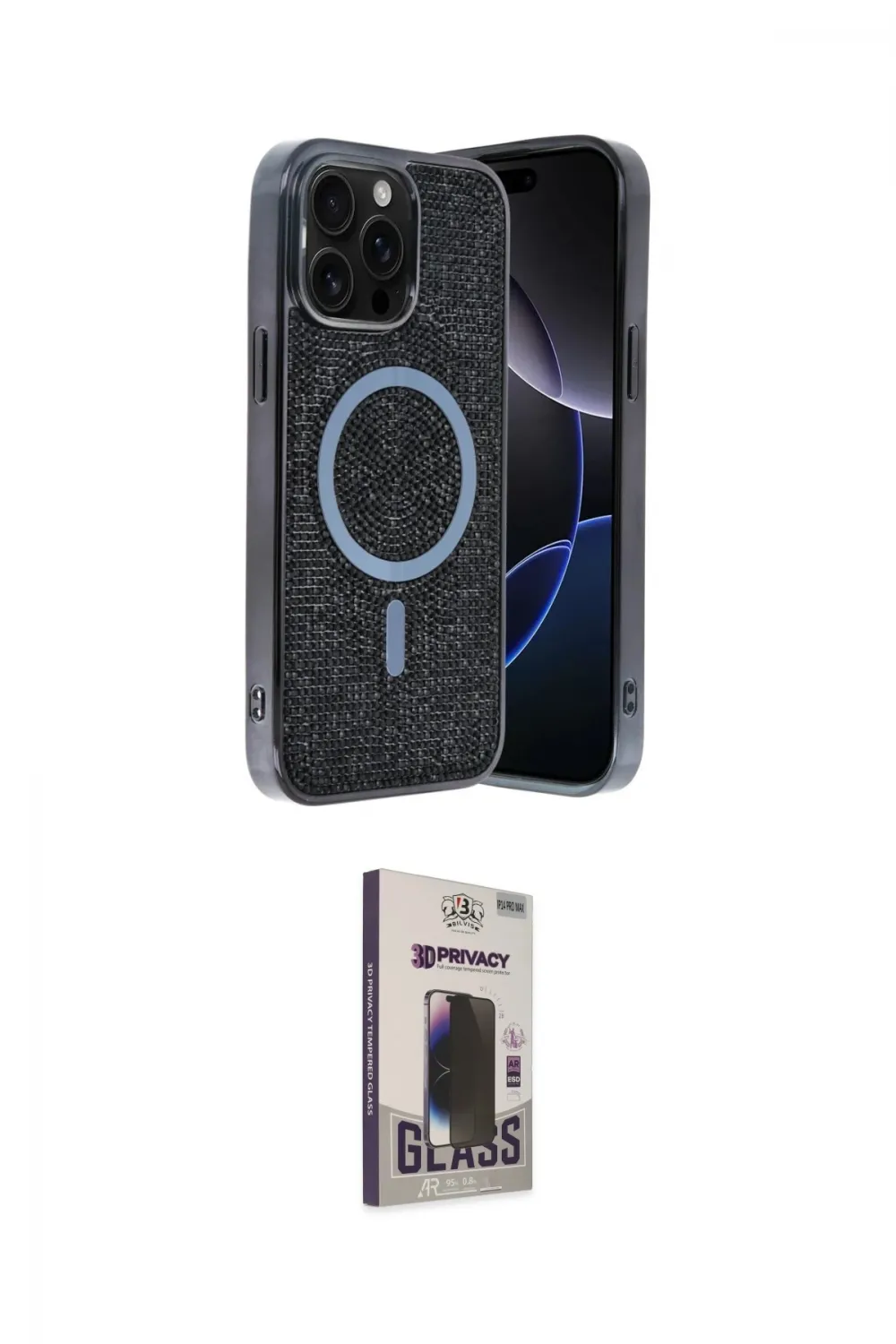 ieg™ iPhone 15 Pro Kılıf Eksen Çizgi - Siyah Bilvis Hayalet Cam Ekran Koruyucu