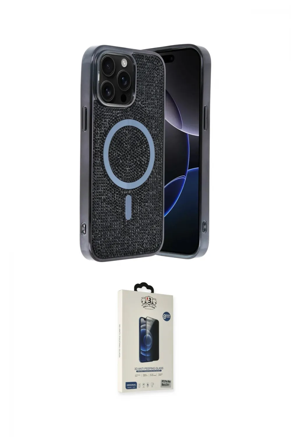 ieg™ iPhone 15 Pro Kılıf Eksen Çizgi - Siyah Bilvis Hayalet Cam Ekran Koruyucu