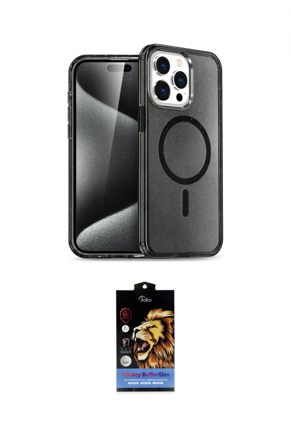 ieg™ iPhone 15 Pro Kılıf Eksen Doku Koleksiyonu - Siyah Buffer Hayalet Cam Ekran Koruyucu