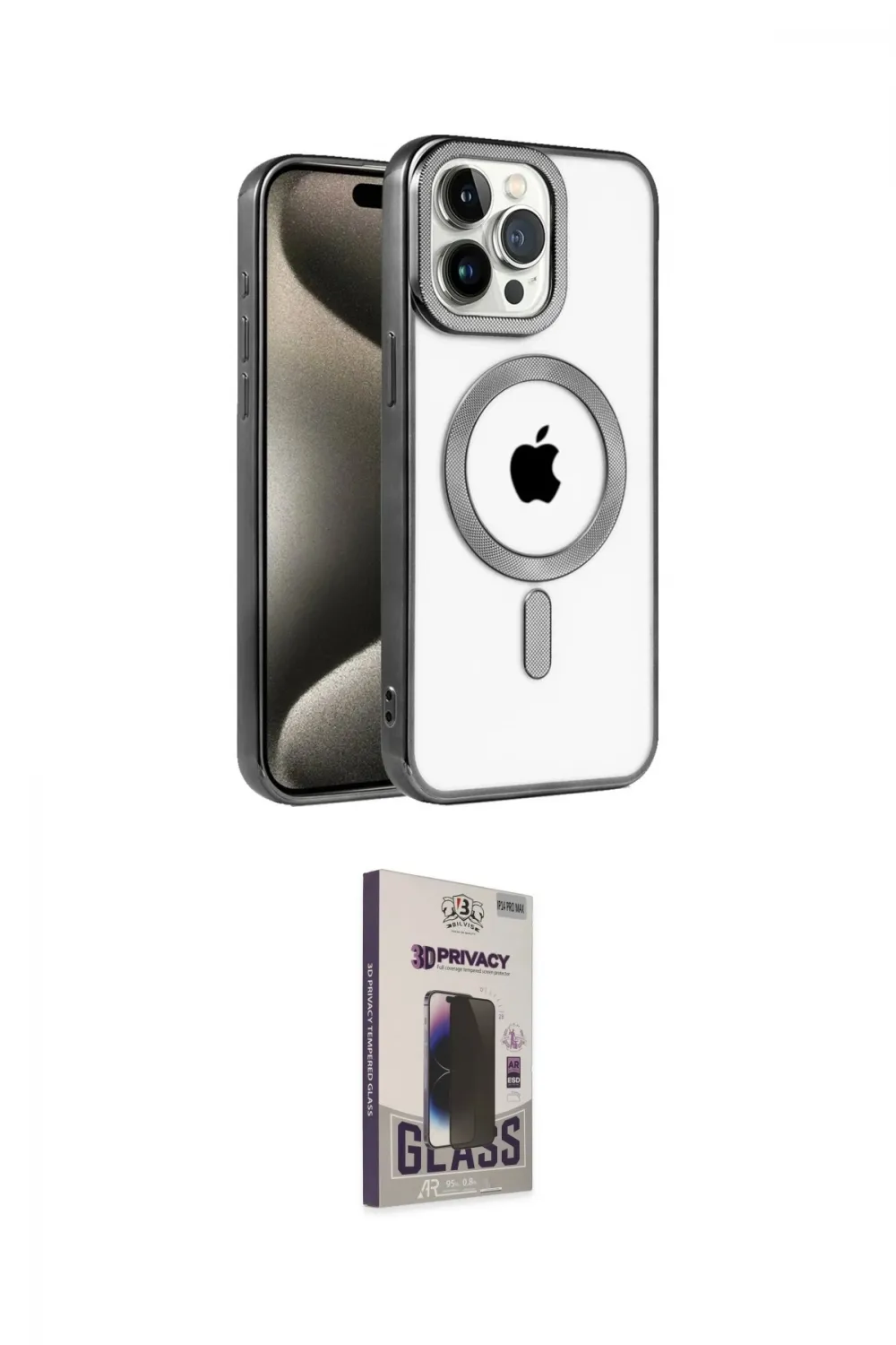 ieg™ iPhone 15 Pro Kılıf Eksen Form Koleksiyonu - Siyah Bilvis Hayalet Cam Ekran Koruyucu