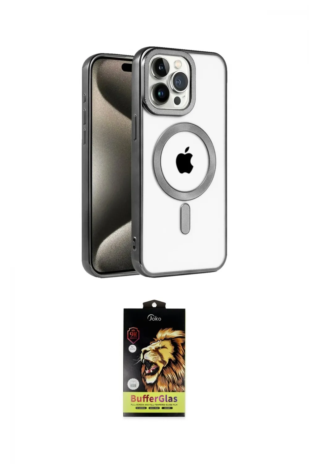 ieg™ iPhone 15 Pro Kılıf Eksen Form Koleksiyonu - Siyah Buffer Cam Ekran Koruyucu
