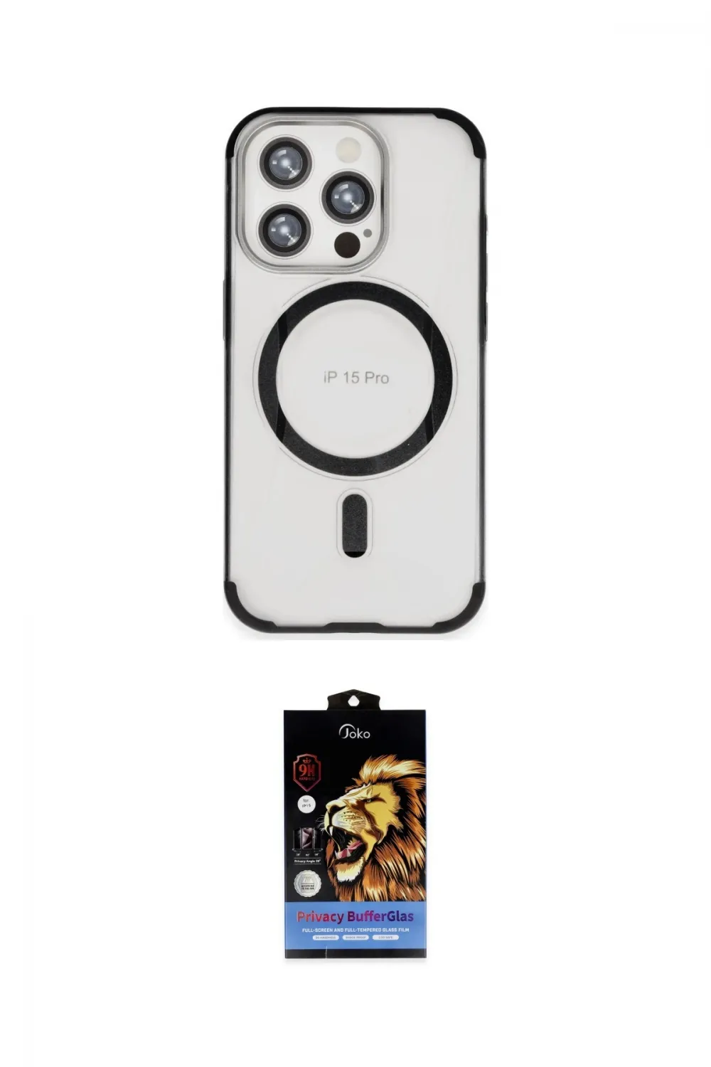 ieg™ iPhone 15 Pro Kılıf Eksen Klasik Koleksiyonu - Siyah Buffer Hayalet Cam Ekran Koruyucu