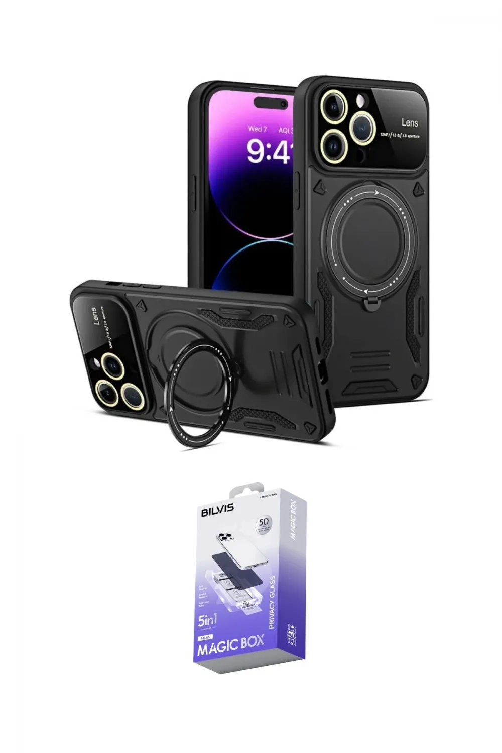 ieg™ iPhone 15 Pro Kılıf Kıvılcım Modern Serisi - Siyah Bilvis 5in1 5D Magic Hayalet Cam Ekran Koruyucu