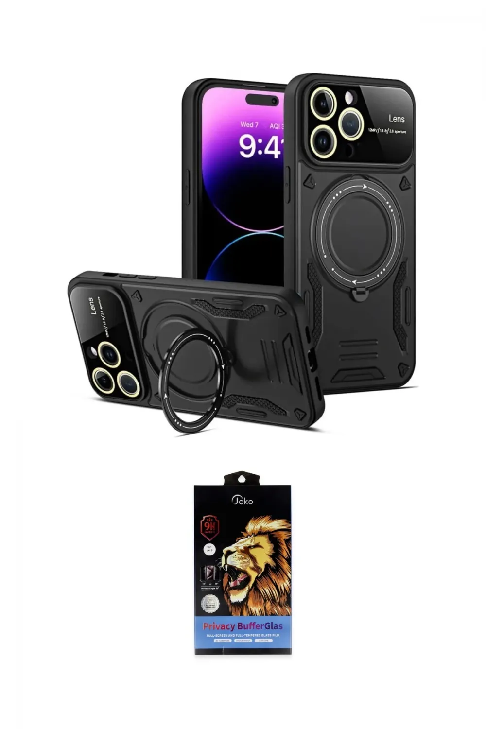 ieg™ iPhone 15 Pro Kılıf Kıvılcım Modern Serisi - Siyah Buffer Hayalet Cam Ekran Koruyucu