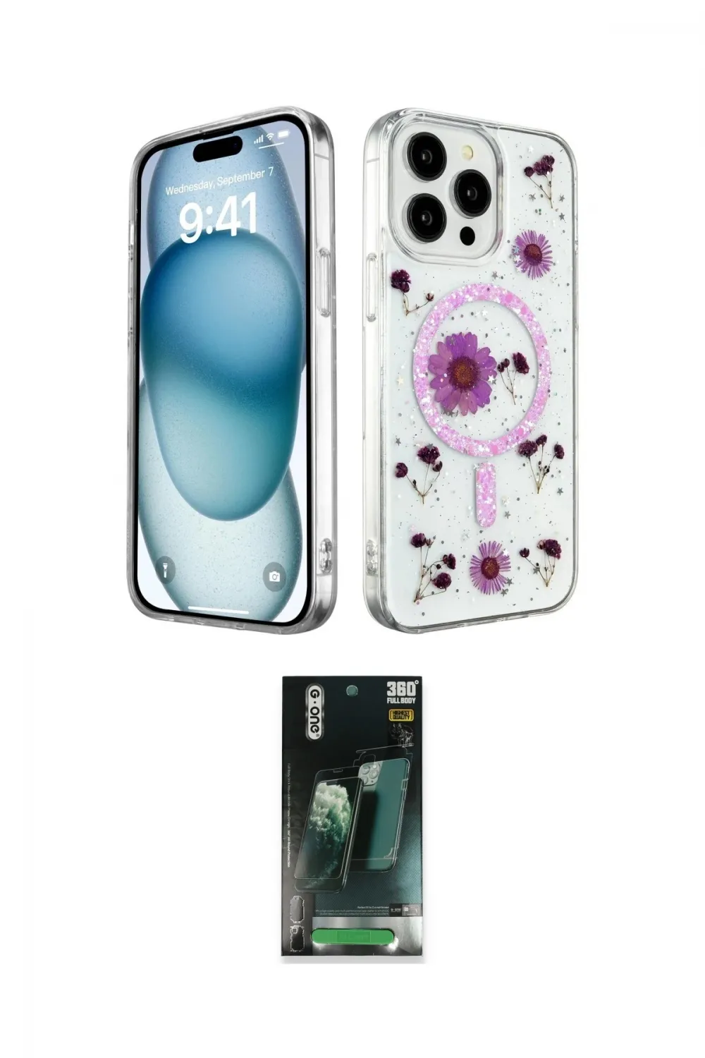 ieg™ iPhone 15 Pro Kılıf Kozmos Doku - Şeffaf 360 Full Body Arka Koruyucu