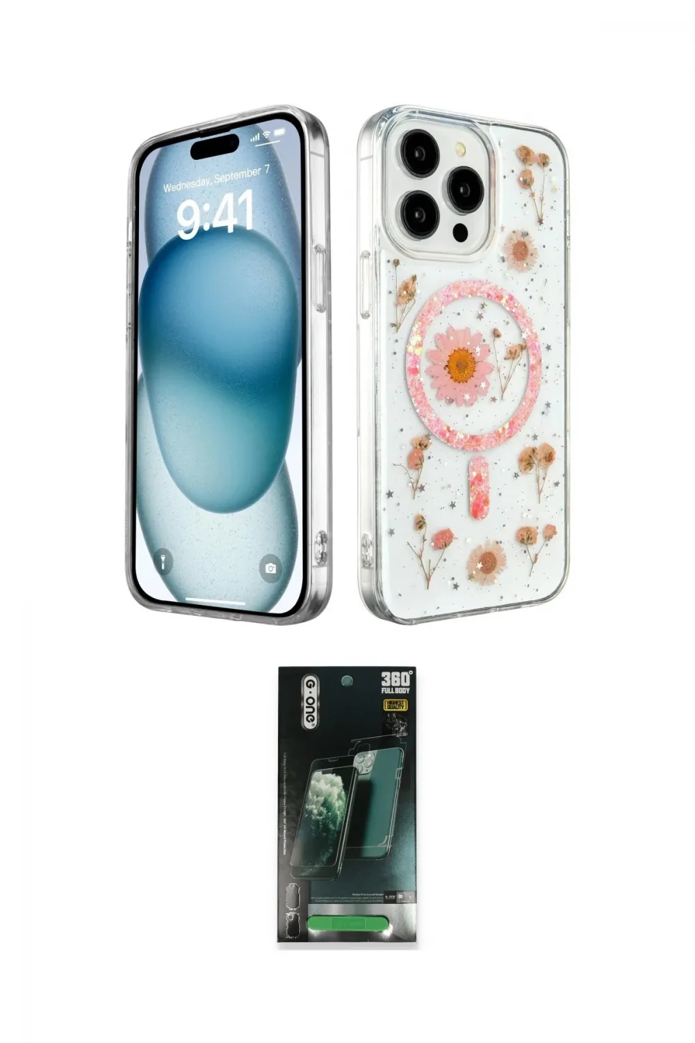ieg™ iPhone 15 Pro Kılıf Kozmos Doku - Şeffaf 360 Full Body Arka Koruyucu
