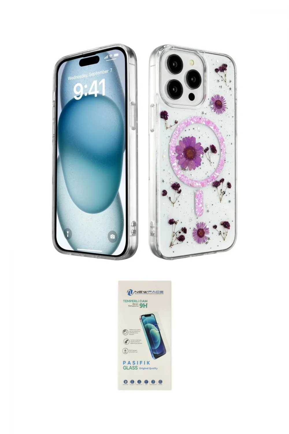 ieg™ iPhone 15 Pro Kılıf Kozmos Doku - Şeffaf Pasifik Cam Ekran Koruyucu