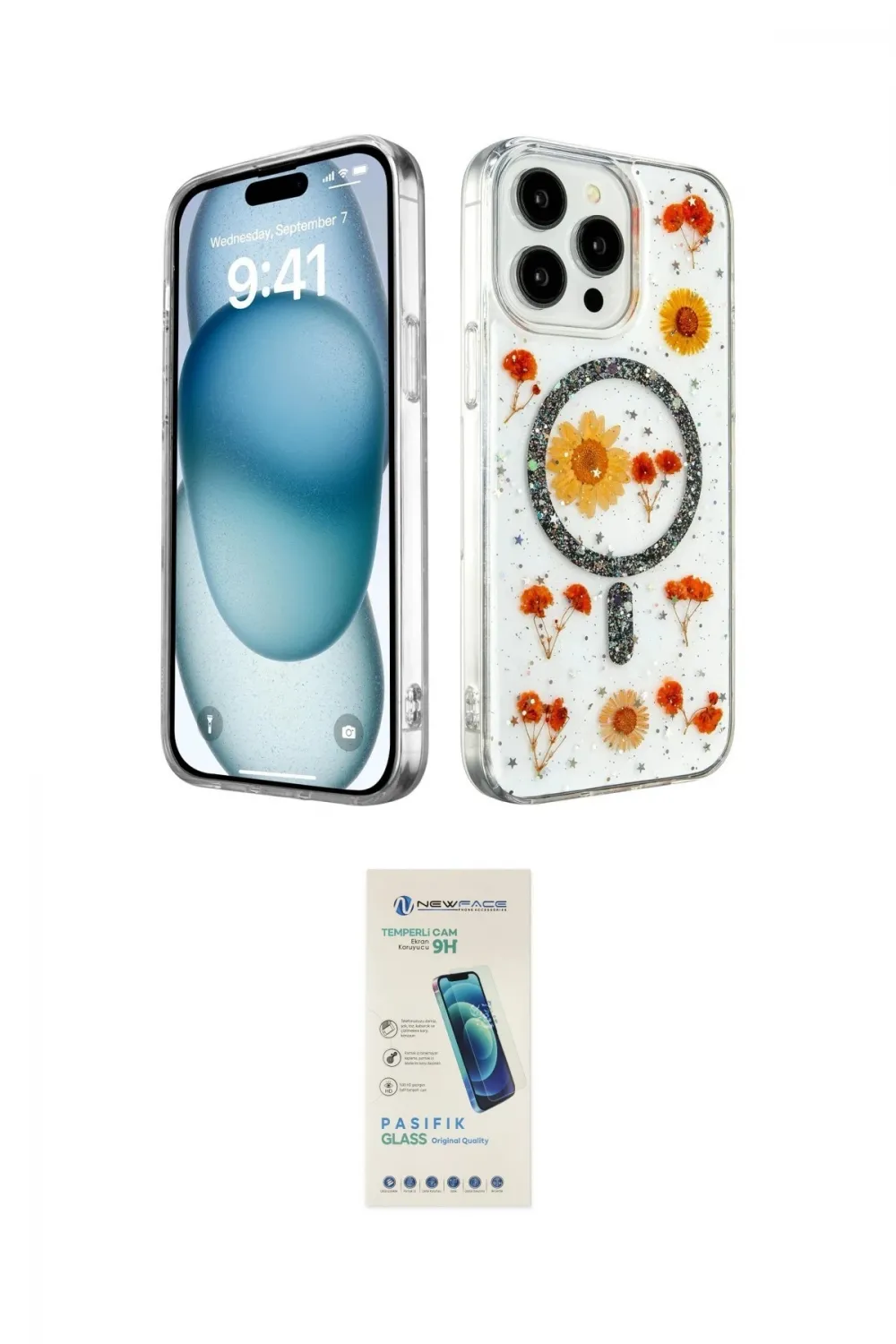 ieg™ iPhone 15 Pro Kılıf Kozmos Doku - Şeffaf Pasifik Cam Ekran Koruyucu