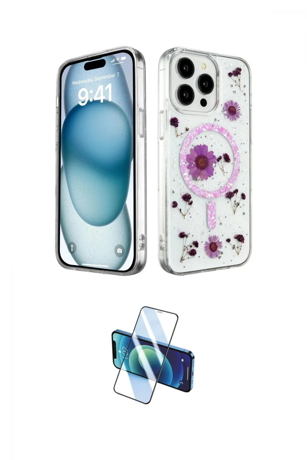 ieg™ iPhone 15 Pro Kılıf Kozmos Doku - Siyah 3D Antistatik Cam Ekran Koruyucu