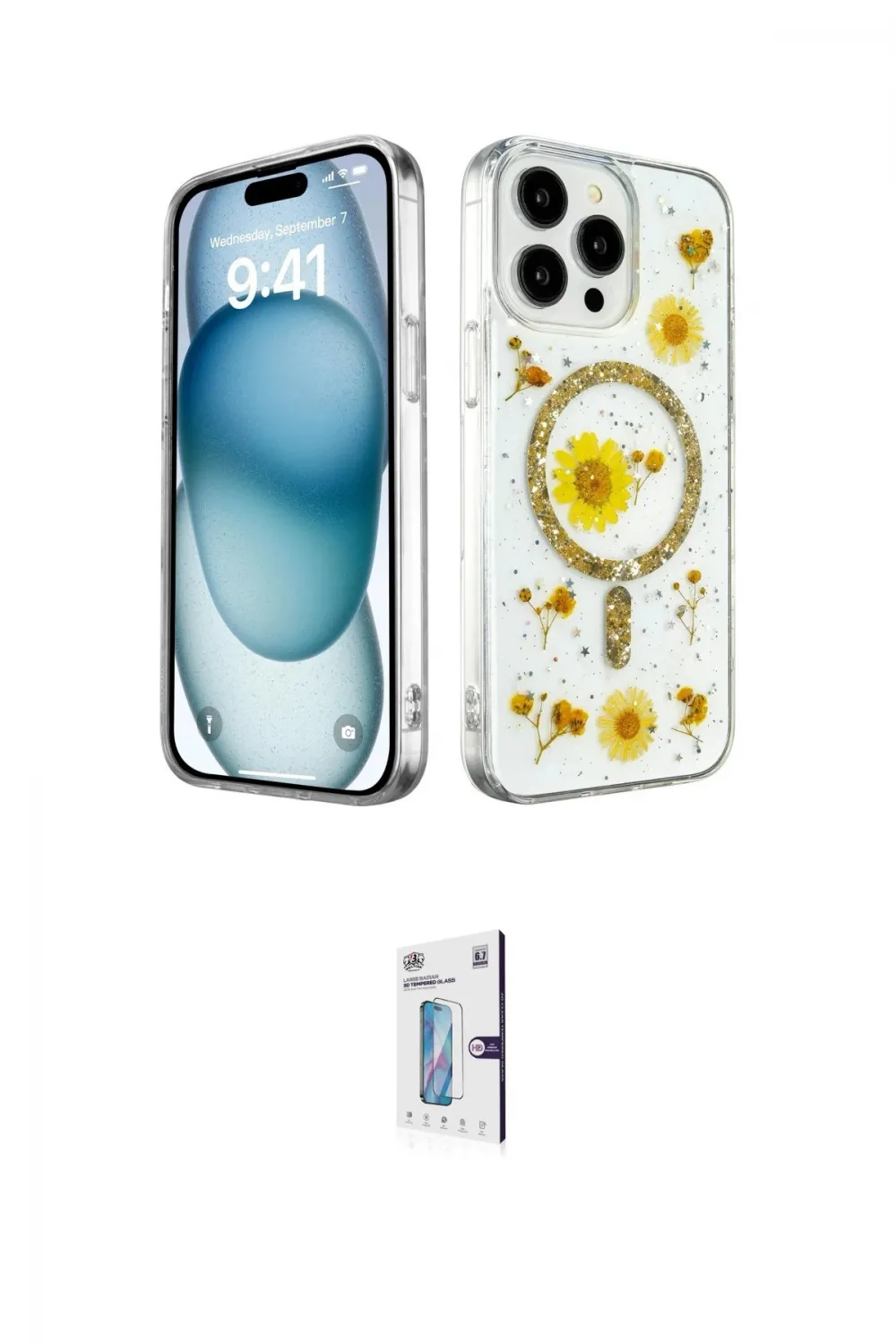 ieg™ iPhone 15 Pro Kılıf Kozmos Doku - Siyah Bilvis 0.18mm Plus Cam Ekran Koruyucu
