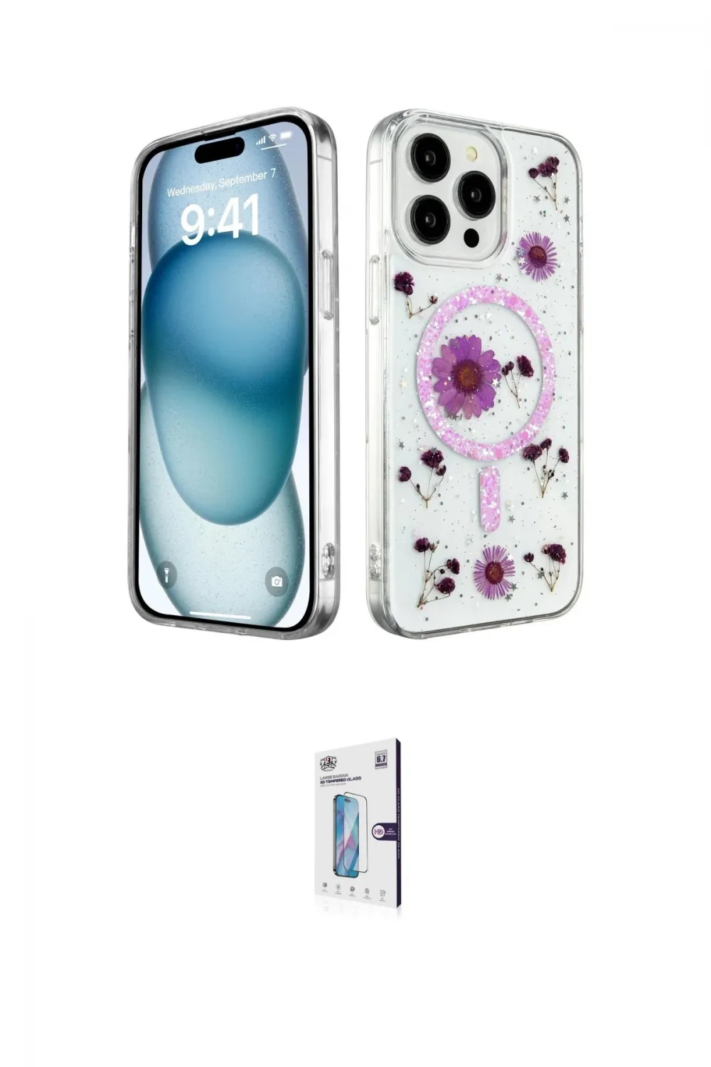 ieg™ iPhone 15 Pro Kılıf Kozmos Doku - Siyah Bilvis 0.18mm Plus Cam Ekran Koruyucu