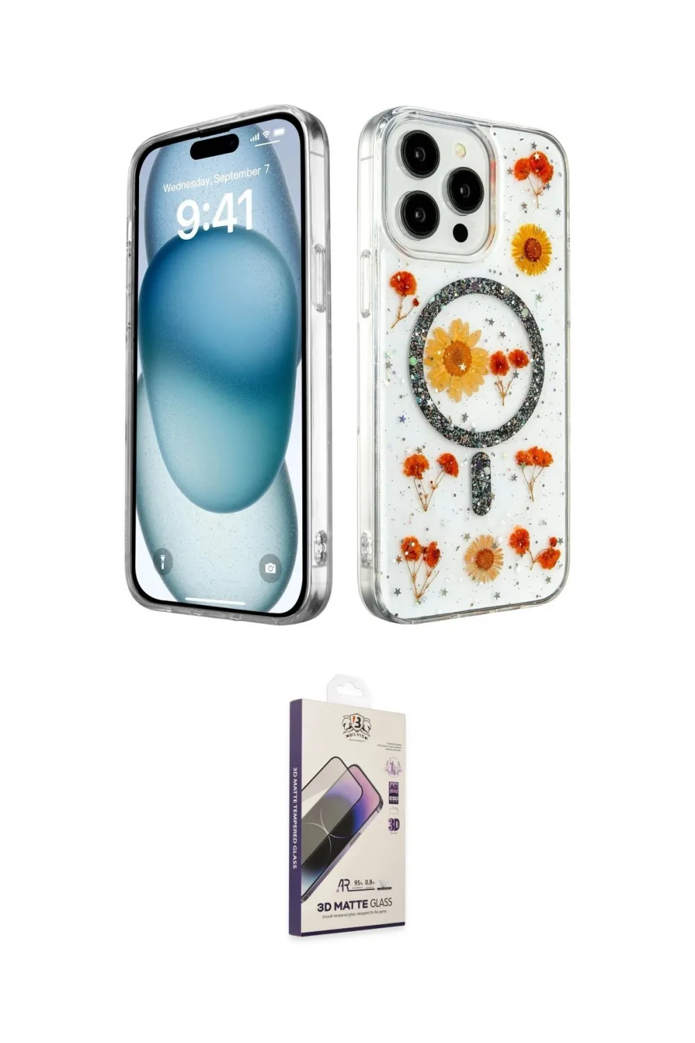 ieg™ iPhone 15 Pro Kılıf Kozmos Doku - Siyah Bilvis 3D Mat Cam Ekran Koruyucu