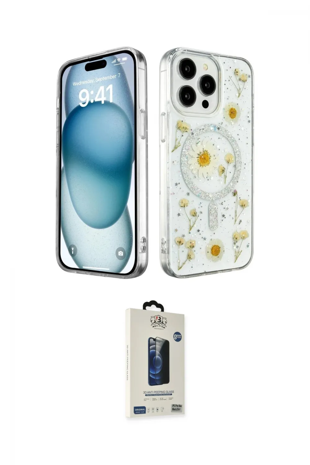 ieg™ iPhone 15 Pro Kılıf Kozmos Doku - Siyah Bilvis Hayalet Cam Ekran Koruyucu