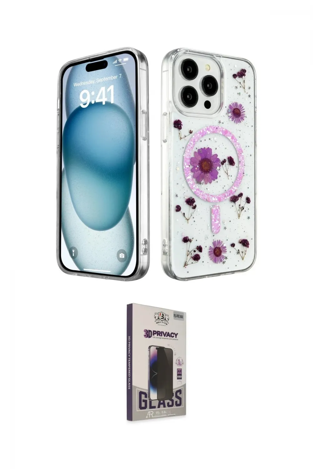 ieg™ iPhone 15 Pro Kılıf Kozmos Doku - Siyah Bilvis Hayalet Cam Ekran Koruyucu