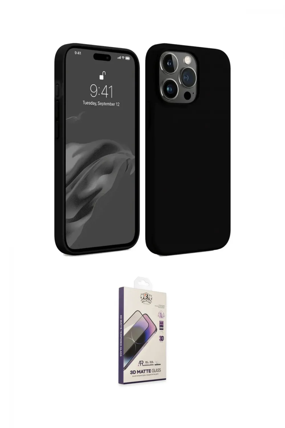 ieg™ iPhone 15 Pro Kılıf Kozmos Yansıma Özel Seri - Siyah Bilvis 3D Mat Cam Ekran Koruyucu