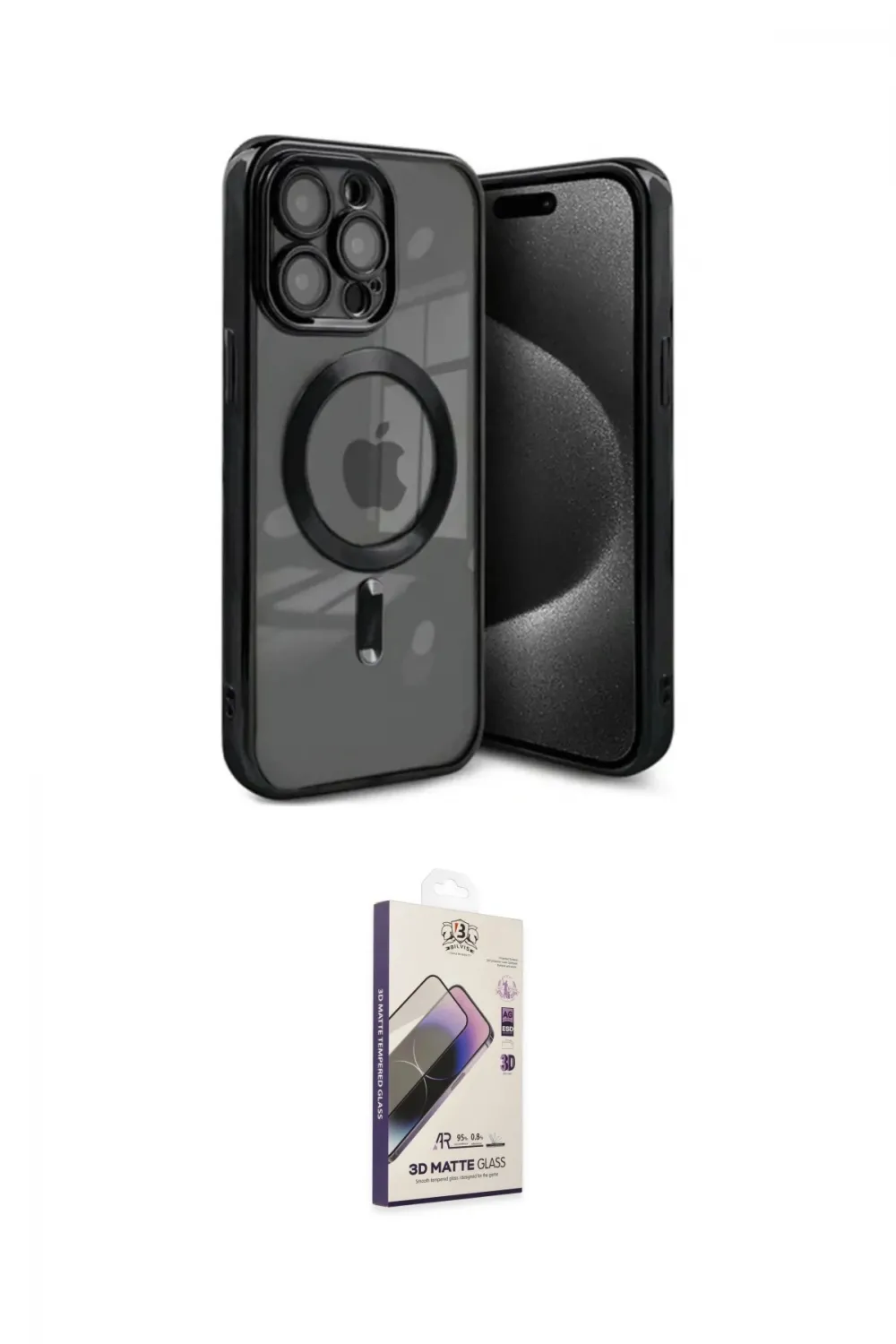 ieg™ iPhone 15 Pro Kılıf Nova Işık Özel Seri - Siyah Bilvis 3D Mat Cam Ekran Koruyucu