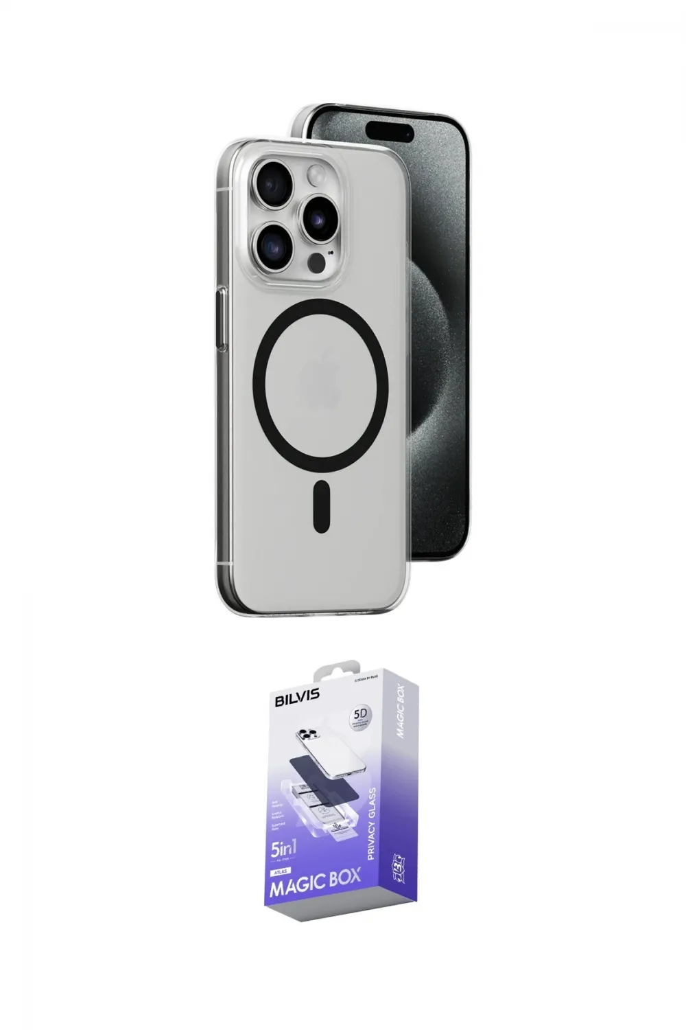 ieg™ iPhone 15 Pro Kılıf Odak Form Özel Seri - Siyah Bilvis 5in1 5D Magic Hayalet Cam Ekran Koruyucu