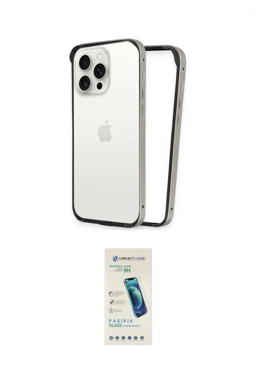 ieg™ iPhone 15 Pro Kılıf Pusula Asil Koleksiyonu - Şeffaf Pasifik Cam Ekran Koruyucu