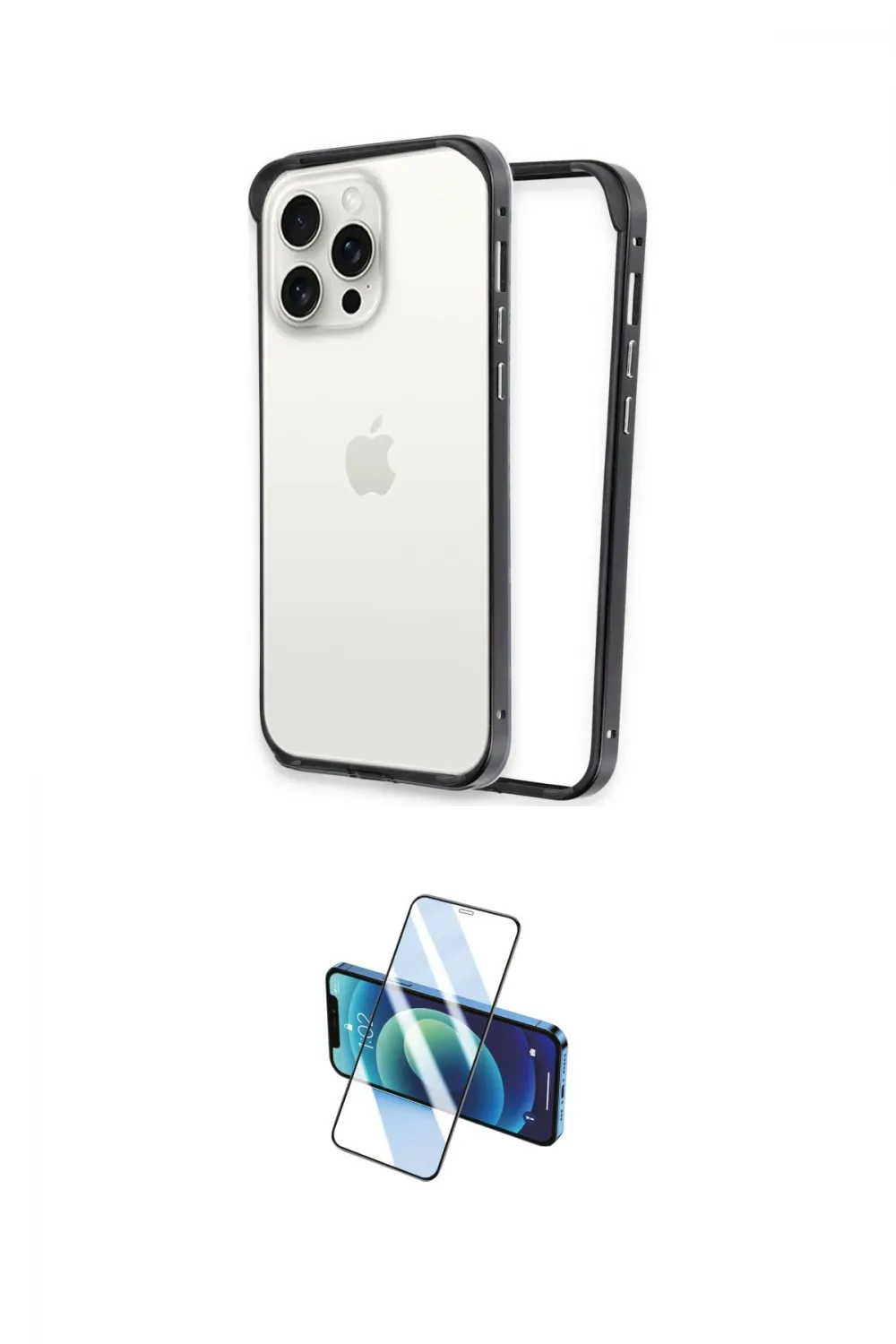 ieg™ iPhone 15 Pro Kılıf Pusula Asil Koleksiyonu - Siyah 3D Antistatik Cam Ekran Koruyucu