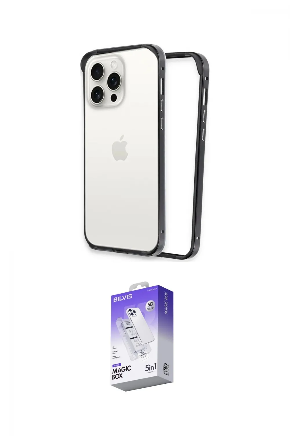ieg™ iPhone 15 Pro Kılıf Pusula Asil Koleksiyonu - Siyah Bilvis 5in1 3D Magic Cam Ekran Koruyucu