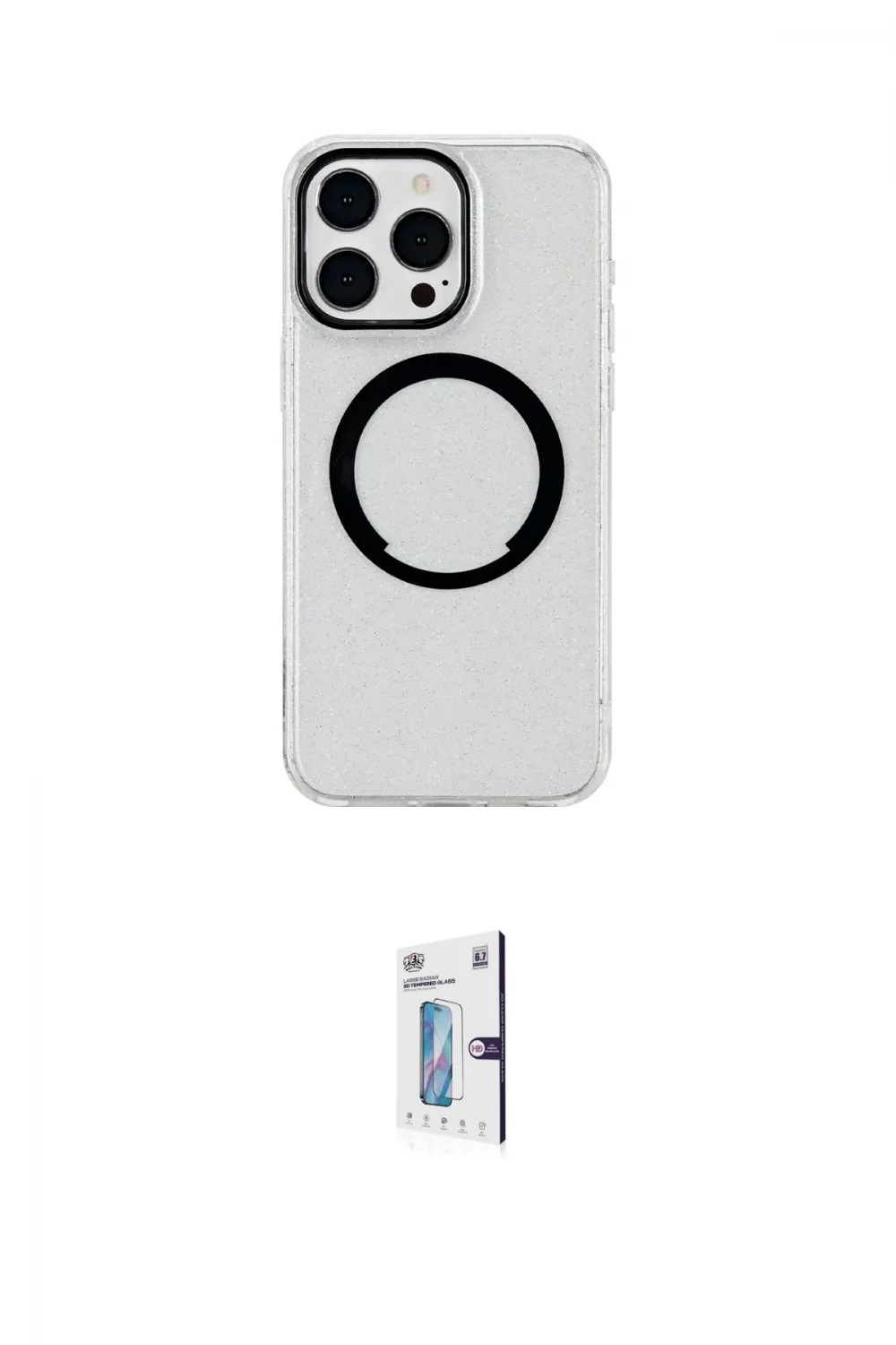 ieg™ iPhone 15 Pro Kılıf Pusula Form - Siyah Bilvis 0.18mm Plus Cam Ekran Koruyucu