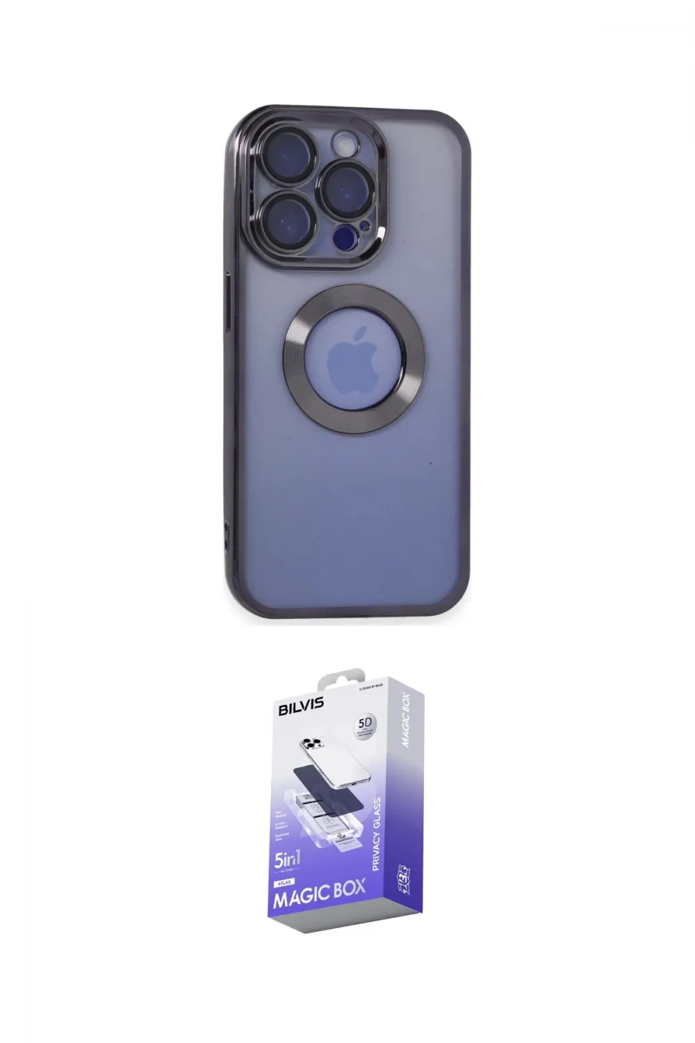 ieg™ iPhone 15 Pro Kılıf Pusula Form - Siyah Bilvis 5in1 5D Magic Hayalet Cam Ekran Koruyucu