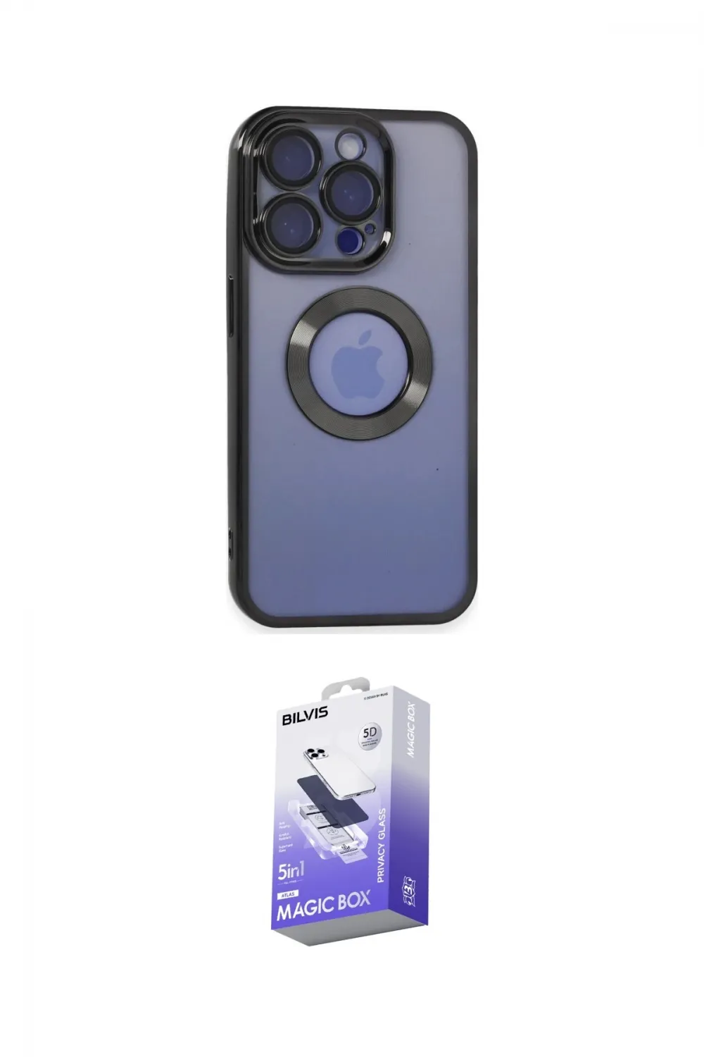 ieg™ iPhone 15 Pro Kılıf Pusula Form - Siyah Bilvis 5in1 5D Magic Hayalet Cam Ekran Koruyucu