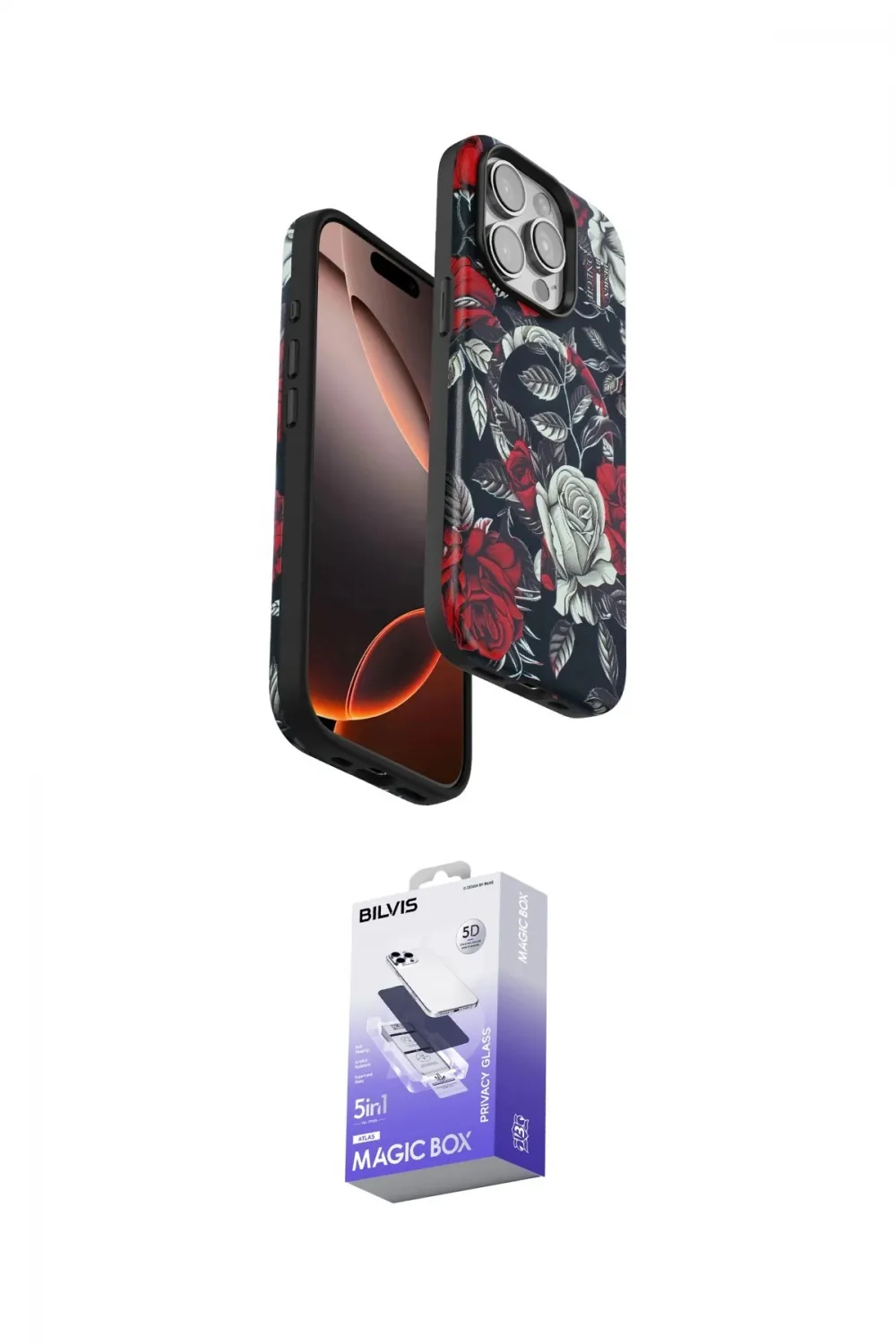 ieg™ iPhone 15 Pro Kılıf Siluet Doku - Siyah Bilvis 5in1 5D Magic Hayalet Cam Ekran Koruyucu