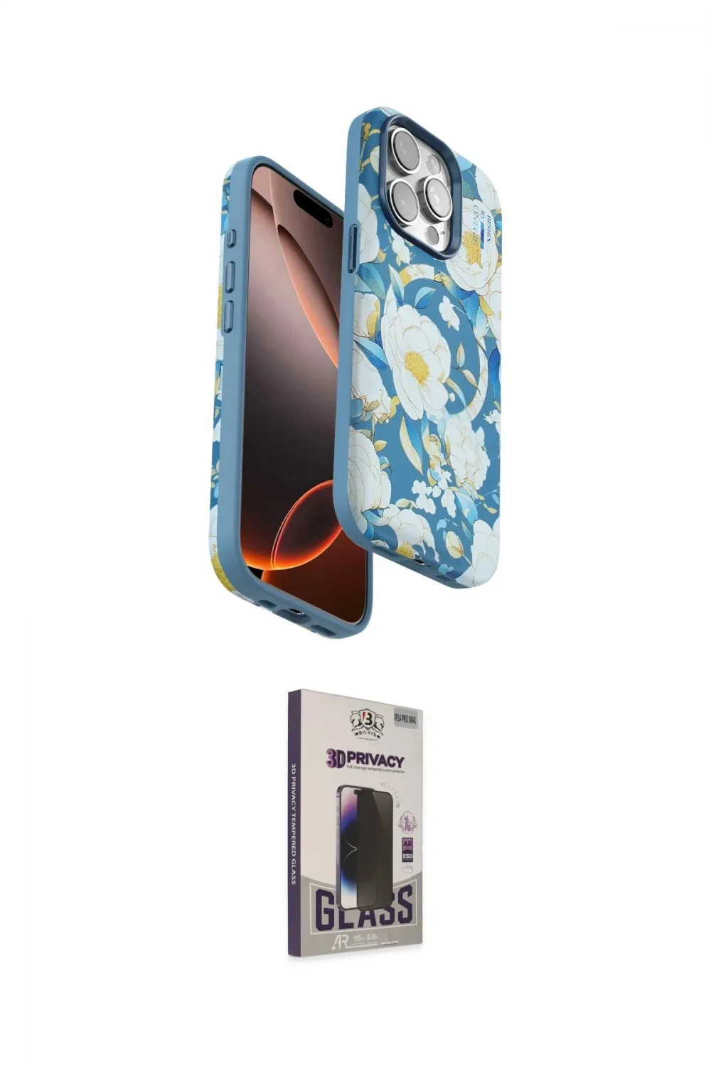 ieg™ iPhone 15 Pro Kılıf Siluet Doku - Siyah Bilvis Hayalet Cam Ekran Koruyucu