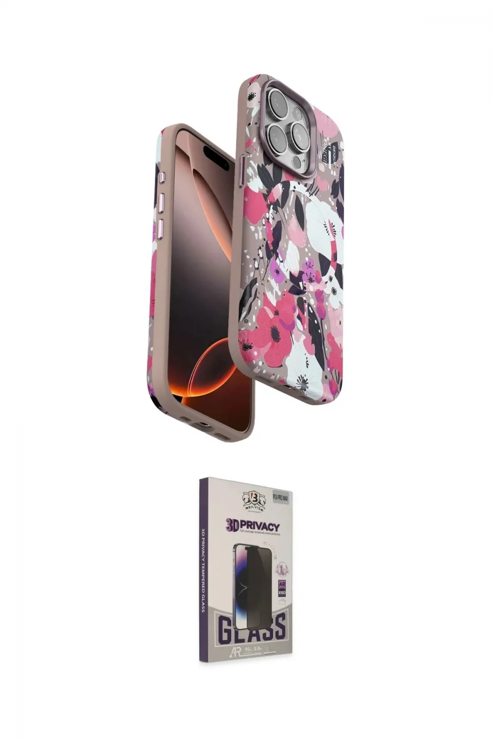 ieg™ iPhone 15 Pro Kılıf Siluet Doku - Siyah Bilvis Hayalet Cam Ekran Koruyucu