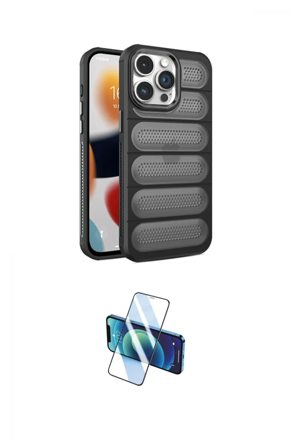 ieg™ iPhone 15 Pro Kılıf Yadigar Doku Özel Seri - Siyah 3D Antistatik Cam Ekran Koruyucu