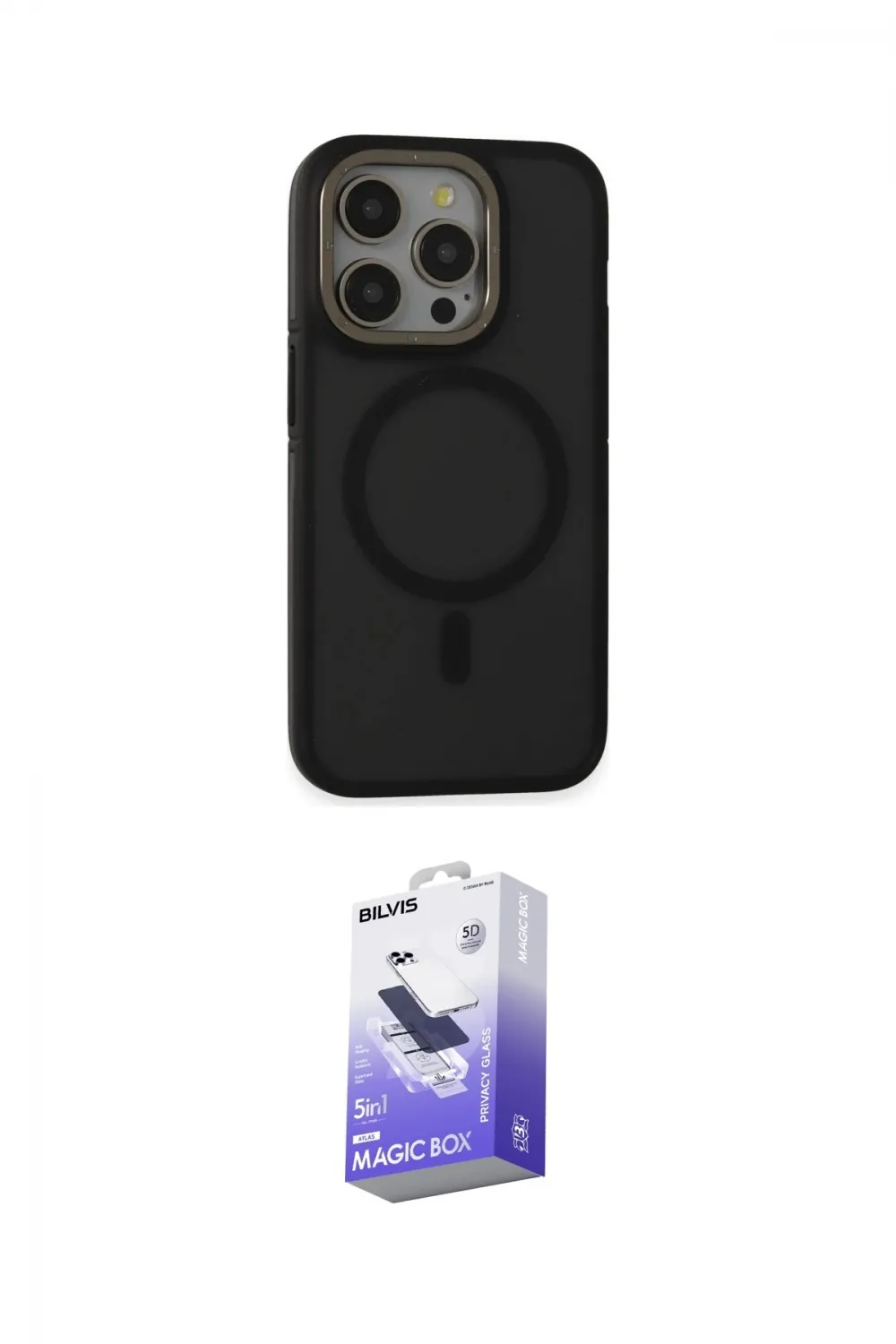 ieg™ iPhone 15 Pro Max Kılıf Ahenk Form Serisi - Siyah Bilvis 5in1 5D Magic Hayalet Cam Ekran Koruyucu